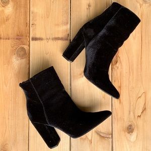 Black Velour Chunky Heel Midi Boot With Pointy toe